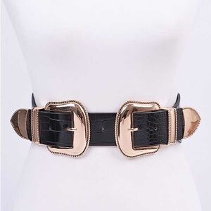 Black Double Buckle Vegan Croc Leather Statement Belt